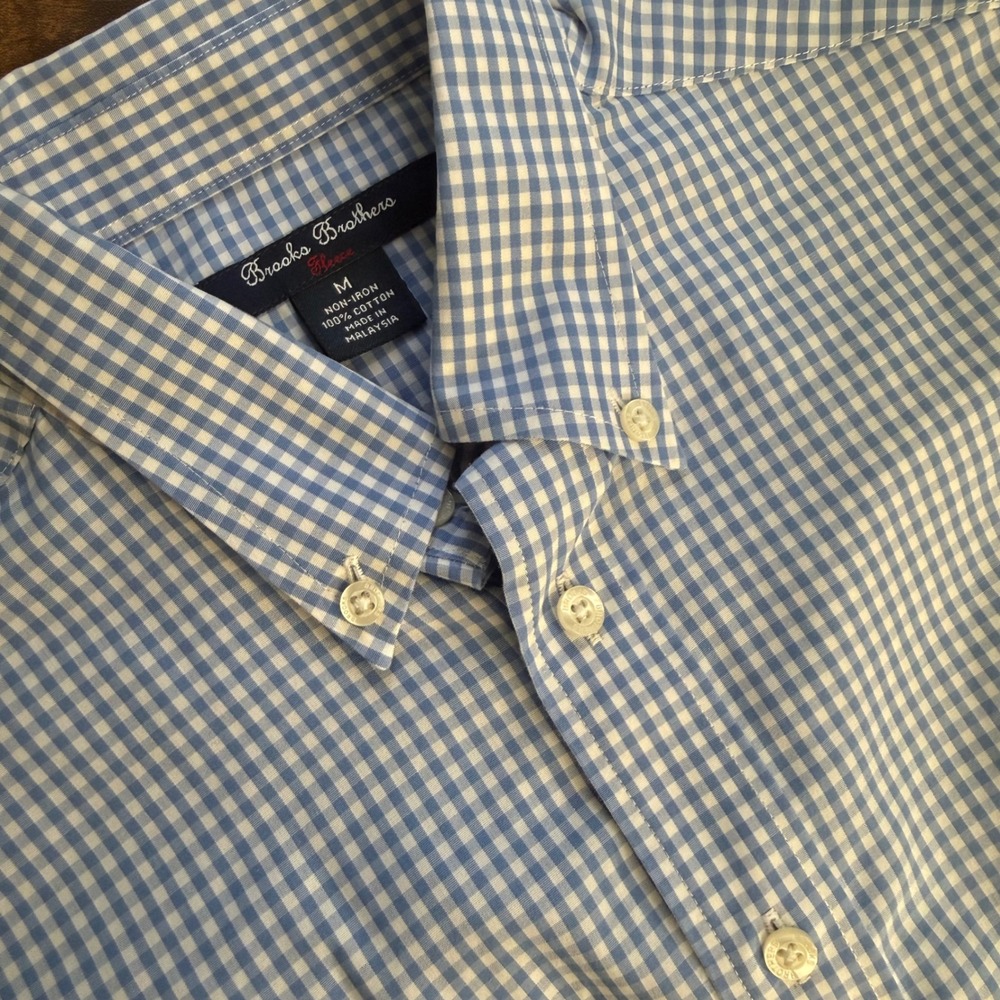 Brooks Brothers Fleece Boys Blue White Gingham Non-Iron Cotton Shirt Medium M